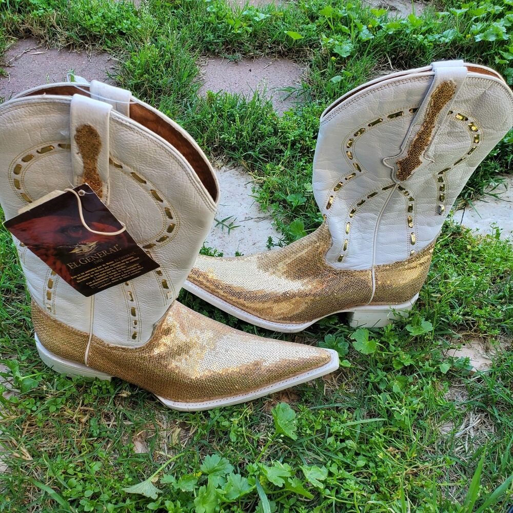 El General Gold Sequin With White Leather Cowboy Boots Size 6.5 - Picture 2 of 9